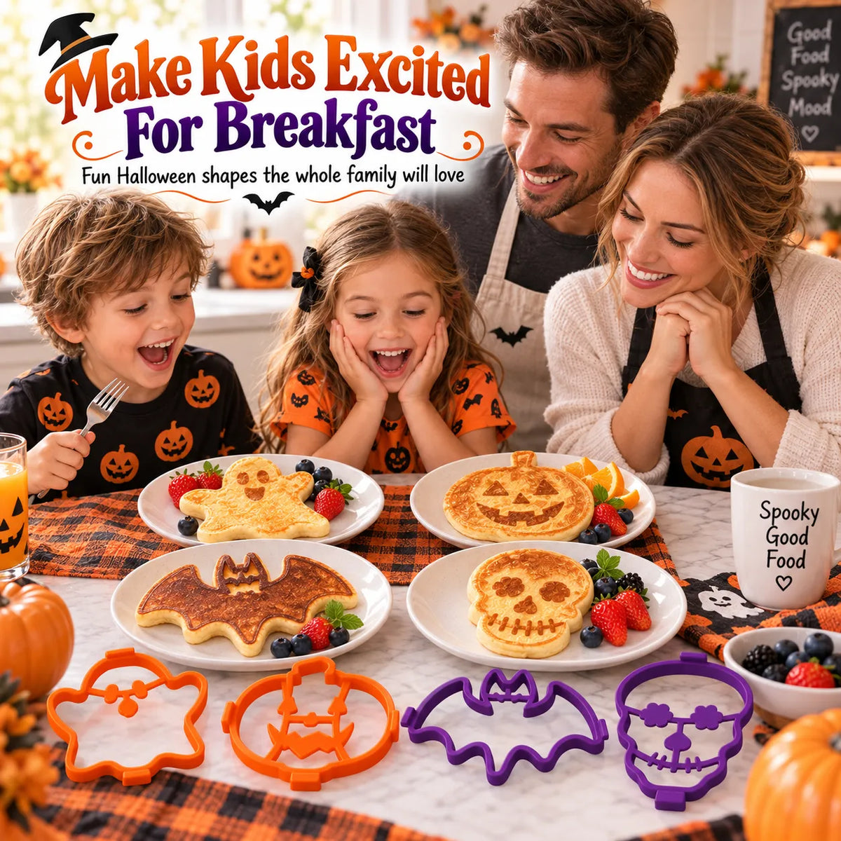 🎃🍳 Spooky Breakfast Shape Set – 4 Reusable Molds for Pancakes, Eggs & Halloween Fun