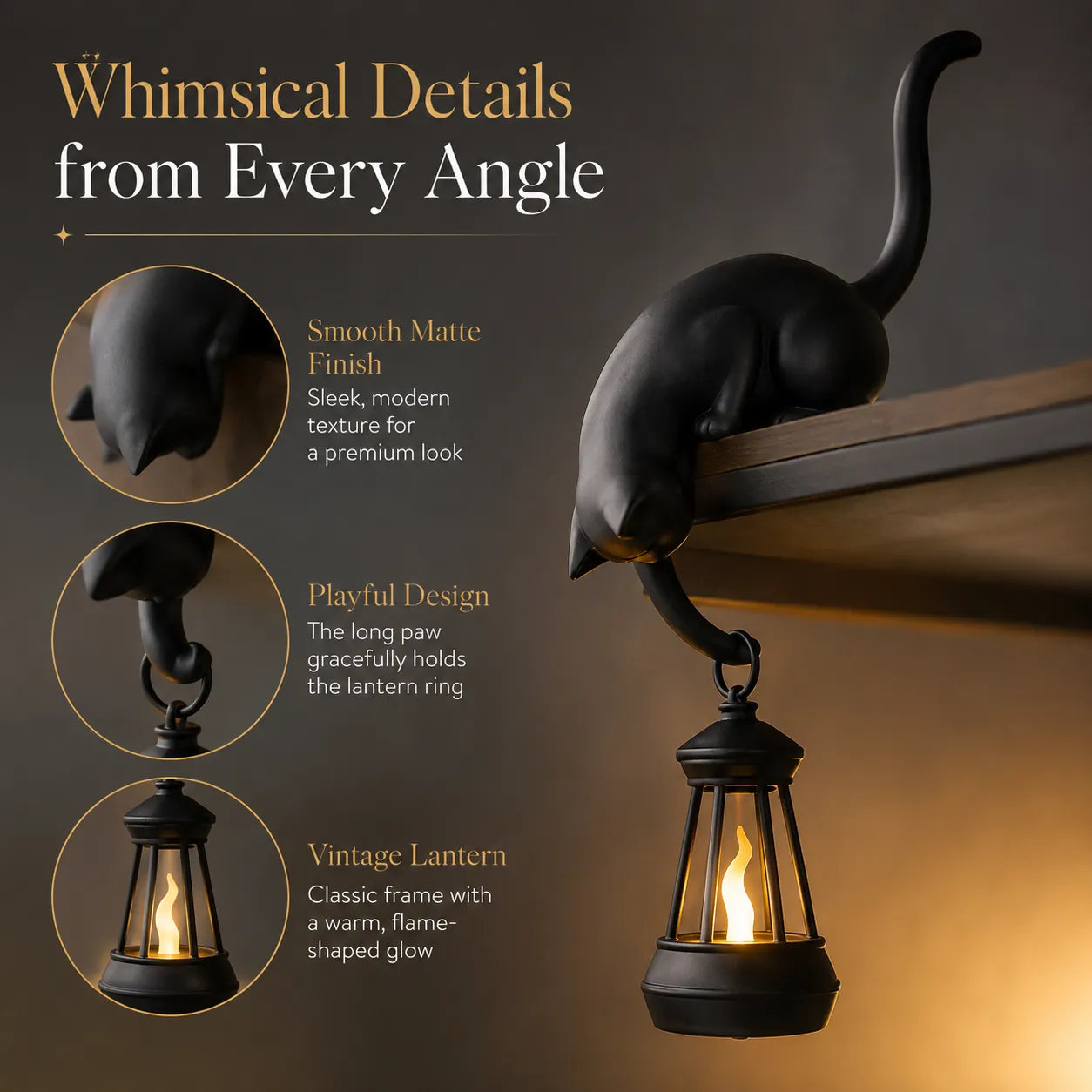 🐱 Curious Black Cat Shelf Ornament with LED Lantern Light