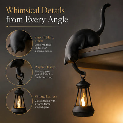 🐱 Curious Black Cat Shelf Ornament with LED Lantern Light