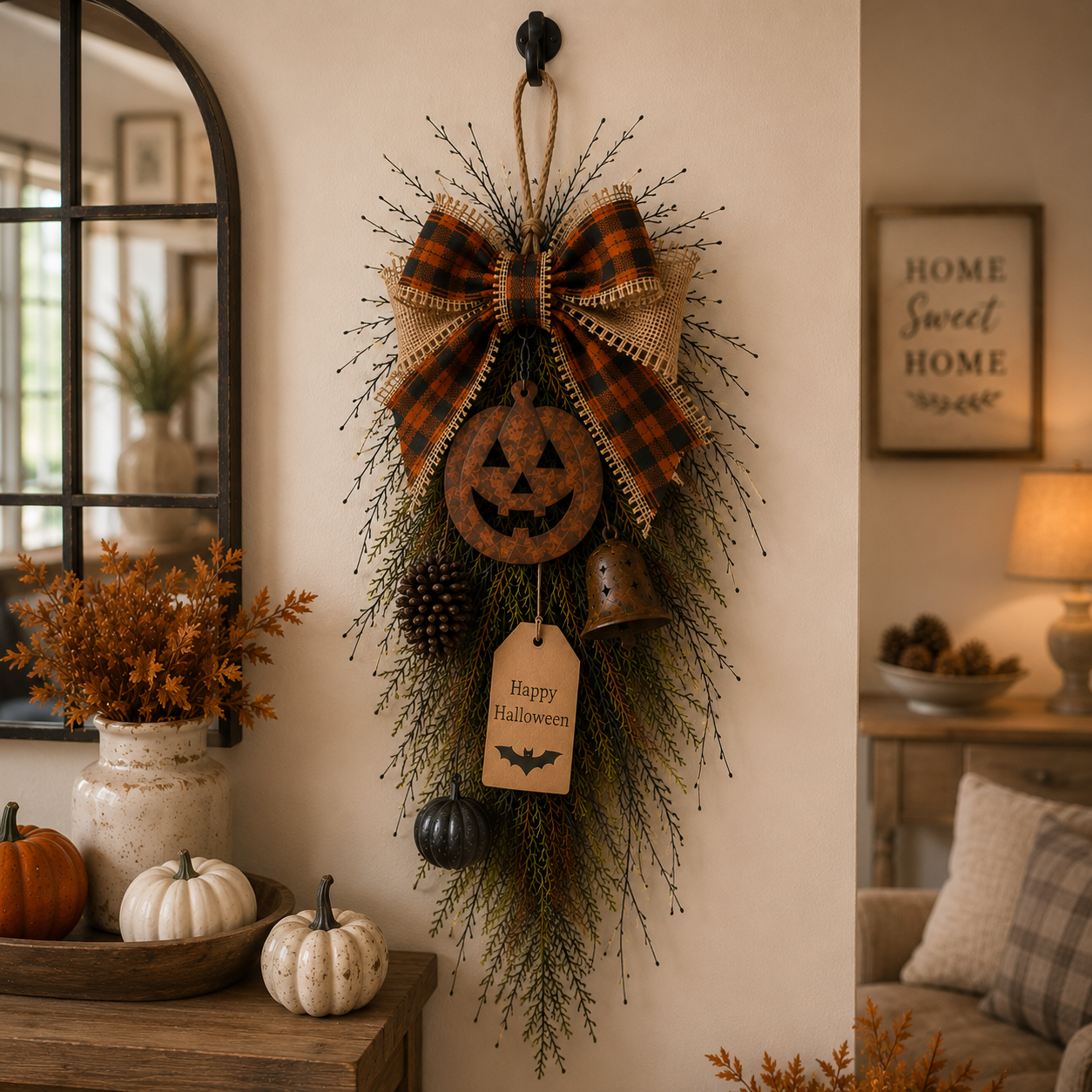 🎃🍂 Rustic Halloween Pumpkin Door Swag – Plaid Bow & Bell Hanging Décor