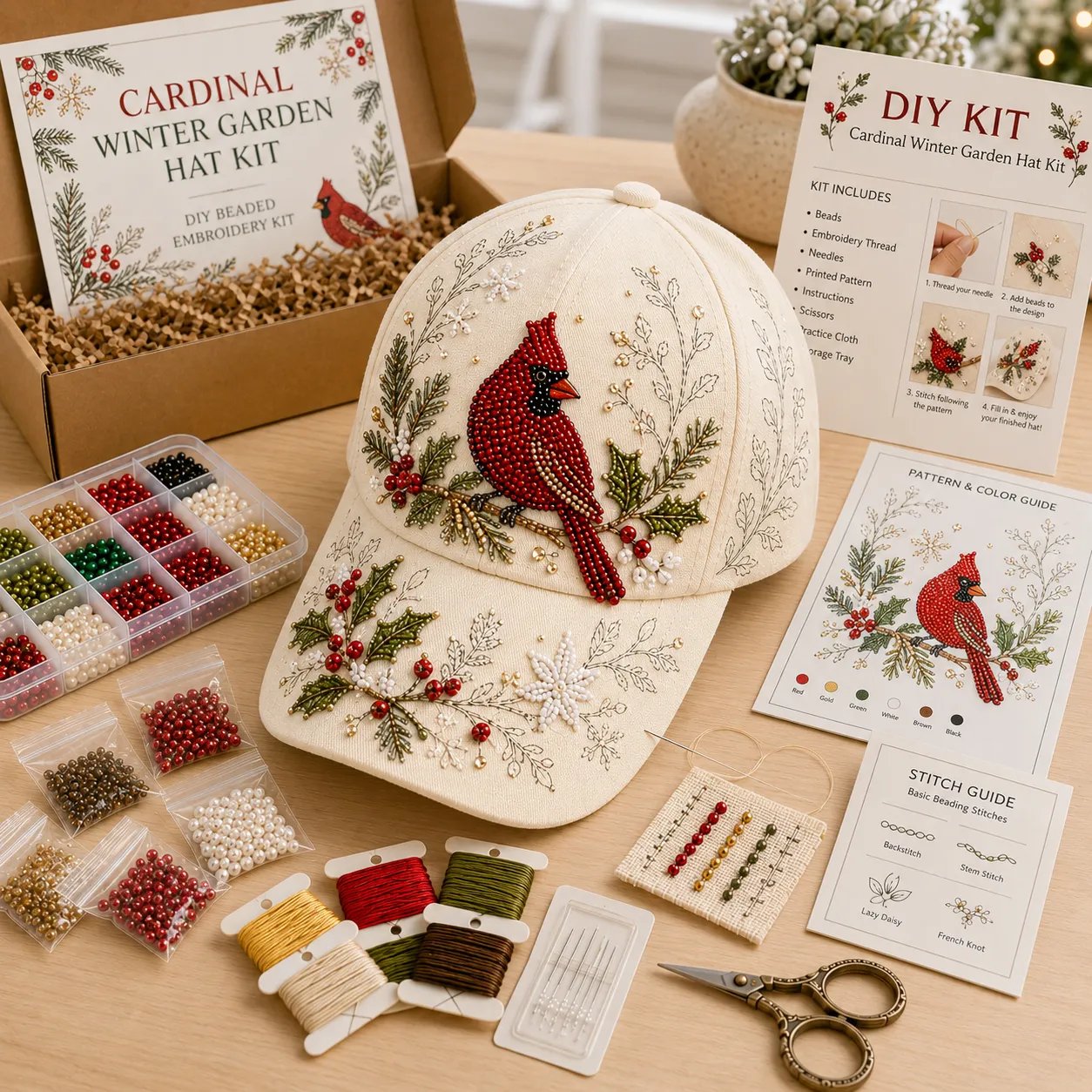 Premium Hummingbird Garden Beaded Hat DIY Kit | DIY Handmade Floral Cap Decor
