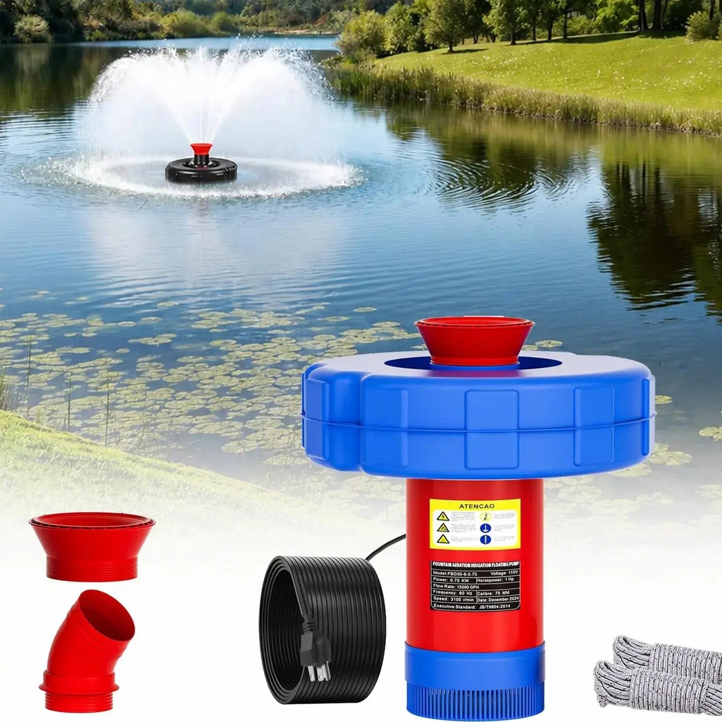 1 HP High-Performance Floating Pond Fountain Aerator – 15,000 GPH Automatic Aeration System for Large Ponds & Lakes
