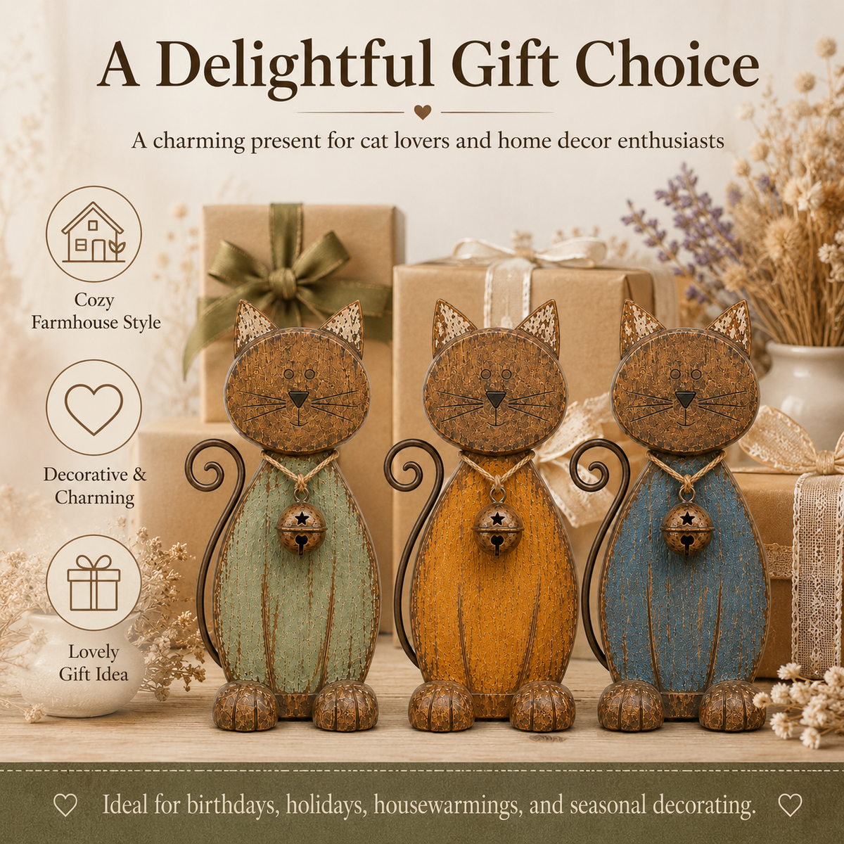 The Little Farmhouse Guardian Cat - Vintage Rustic Metal Cat Decor with Bell Pendant