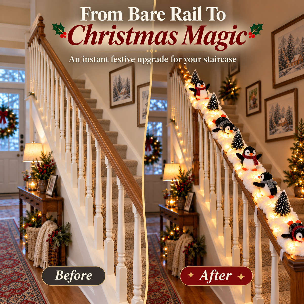 Before and after Christmas staircase decoration