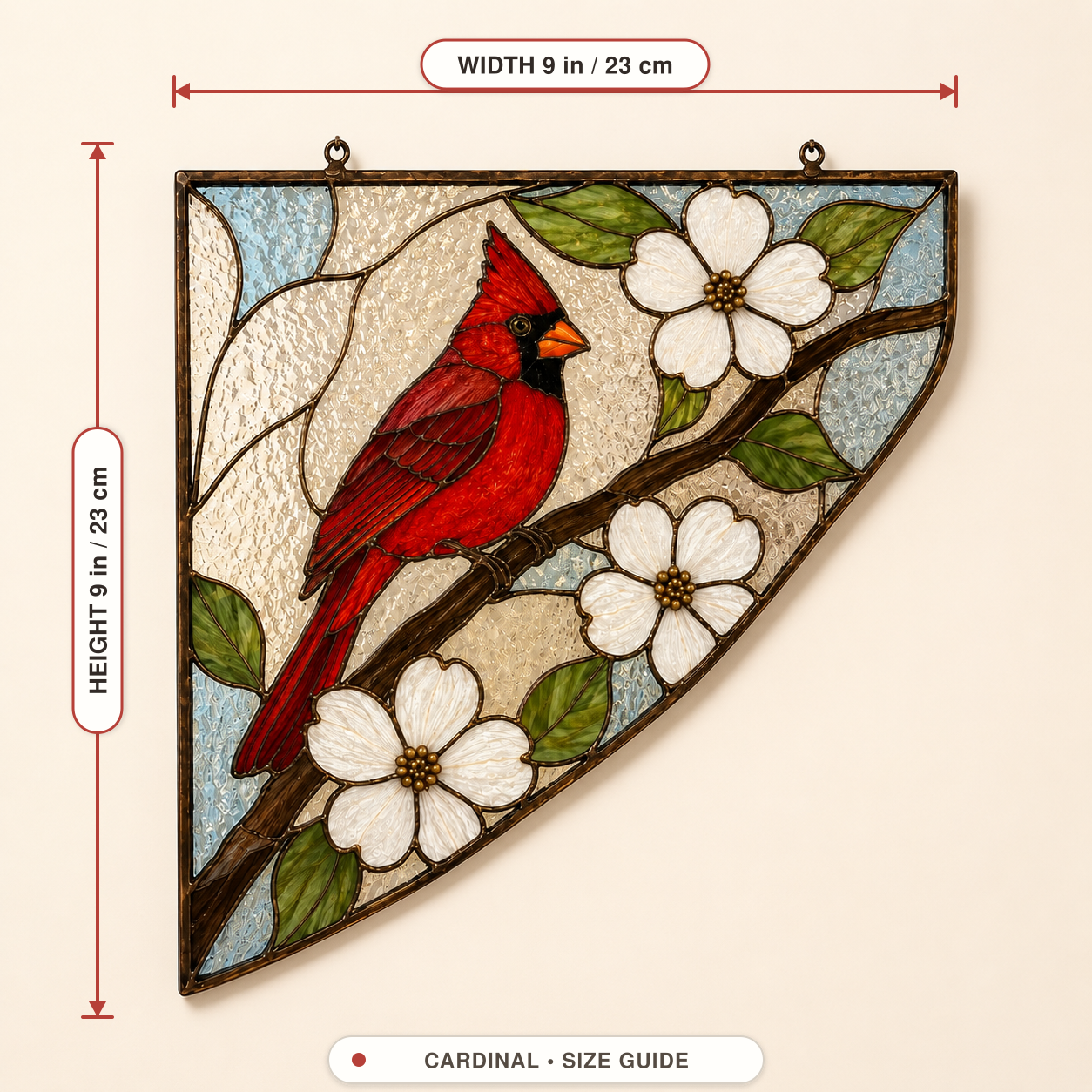 Cardinal Blessing size guide: 9 inches wide by 9 inches high