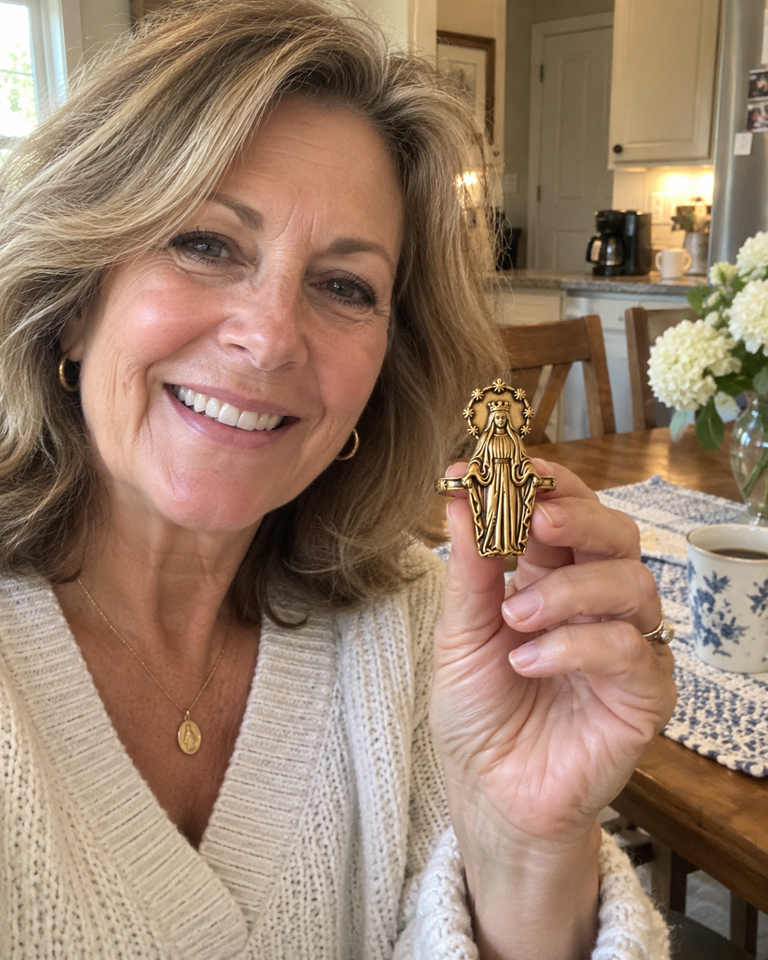 Customer holding Blessed Virgin Mary Catholic napkin ring