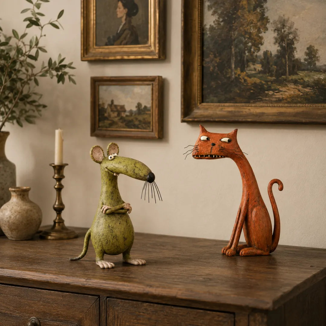 🐱🐭 Mischievous Cat & Mouse Shelf Companions – Vintage Quirky Animal Decor