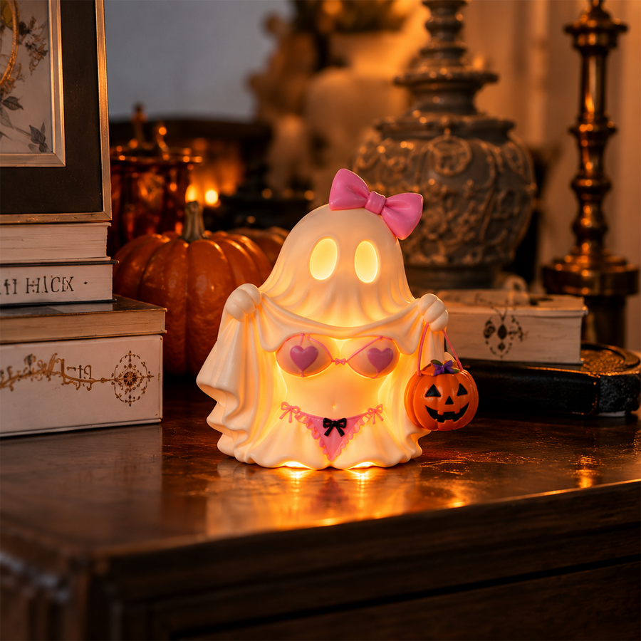 Pink bow ghost Halloween light on table