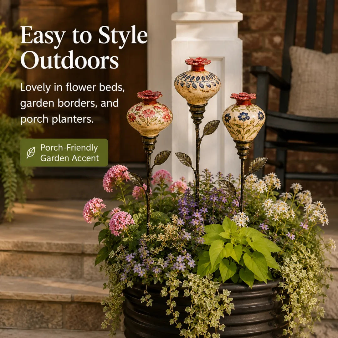 Three hummingbird feeder stakes styled in a porch planter