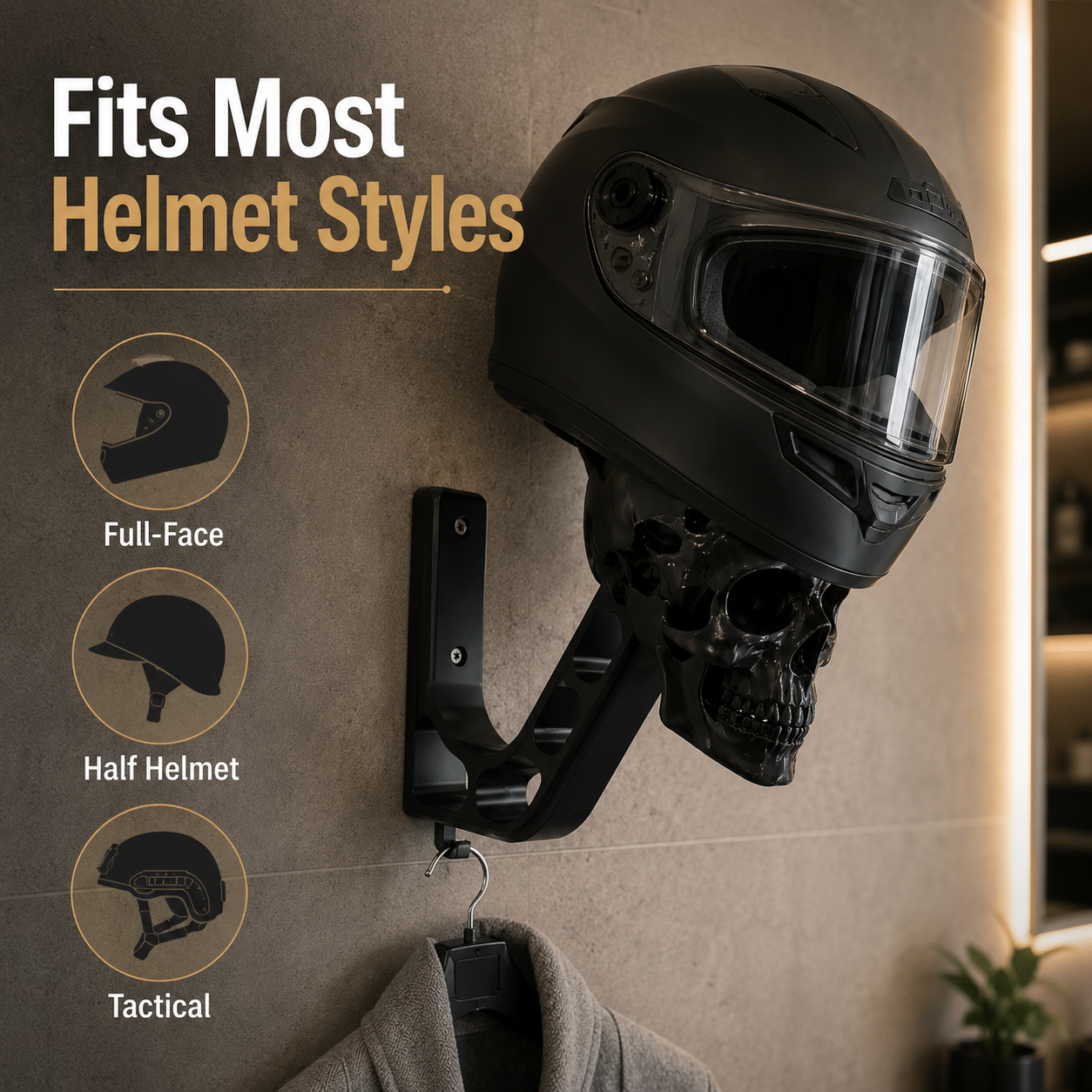 Skull helmet holder shown with different helmet styles