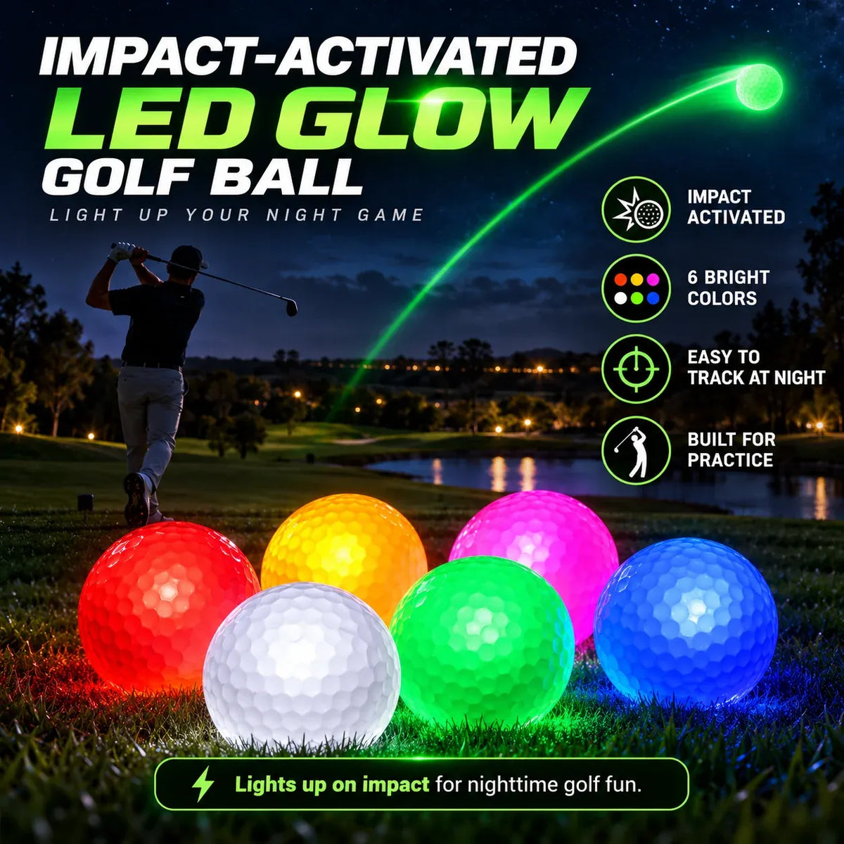 ⛳✨ GlowStrike™ Impact-Activated LED Golf Ball – 6 Brilliant Colors for After-Dark Golf Fun
