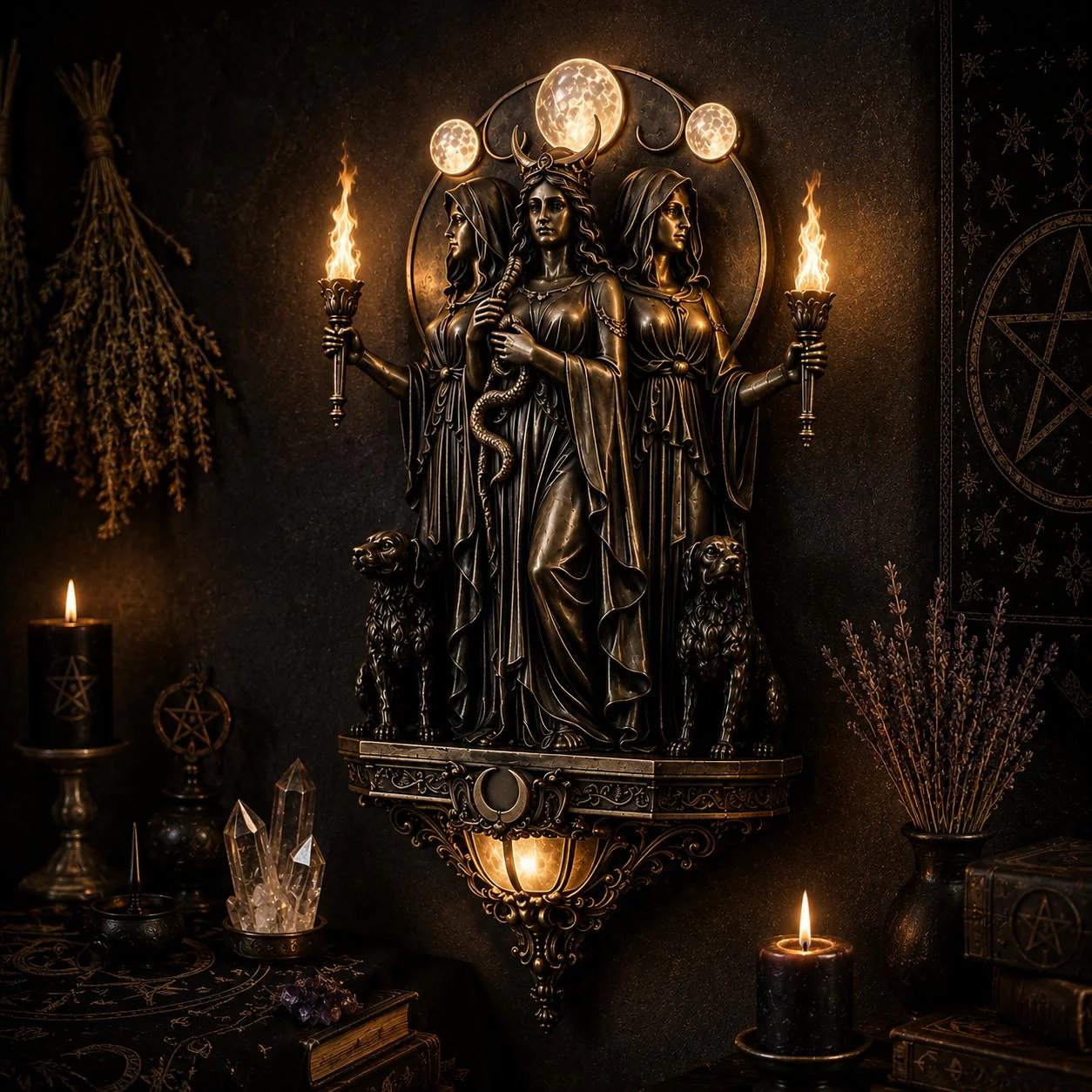 Triple Goddess Hecate LED Wall Sconce – Wiccan Witchy Torch Wall Light