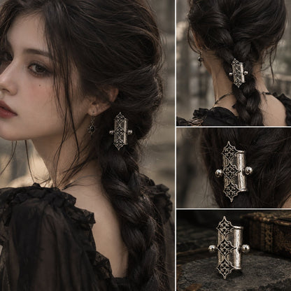 🖤2Pcs Gothic Filigree Hair Cuff for Braids, Vintage Antique Silver Medieval Hair Ring, Dark Romantic Hair Jewelry Accent