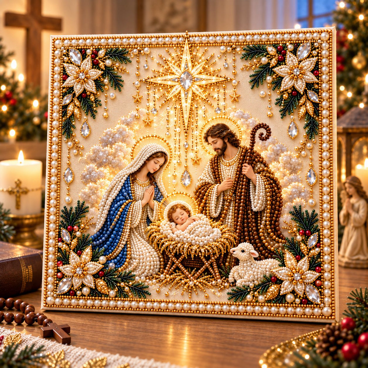 Beginner-Friendly Christian Pearl Bead Art Kit | Pre-Printed Design with Built-In Wooden Frame & Complete Tools 💕
