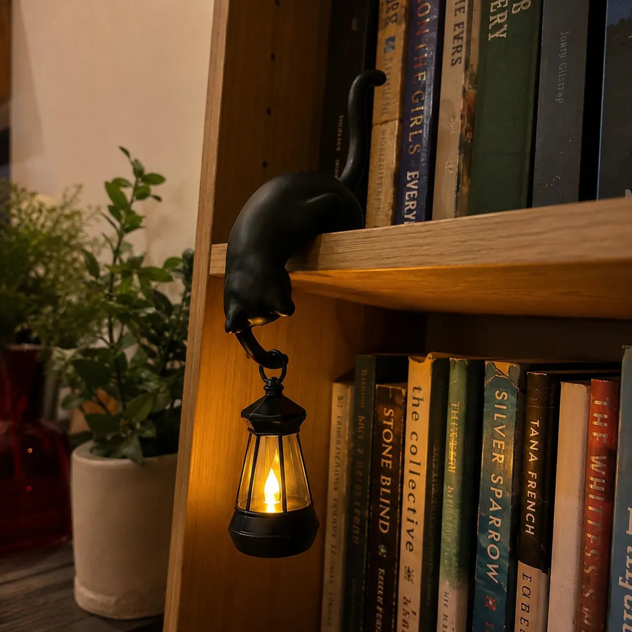 🐱 Curious Black Cat Shelf Ornament with LED Lantern Light