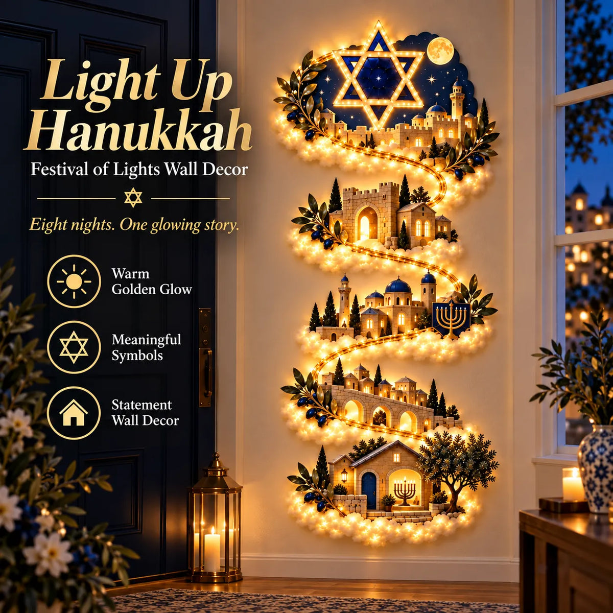 🕎✨ Eight Nights of Golden Light – Glowing Hanukkah Story Wall Collection