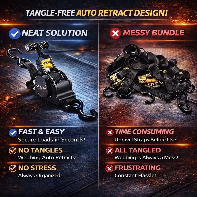 🚛Auto-Retract Tie-Down Ratchet Straps💪|No More Tangles, Secure Cargo Easily