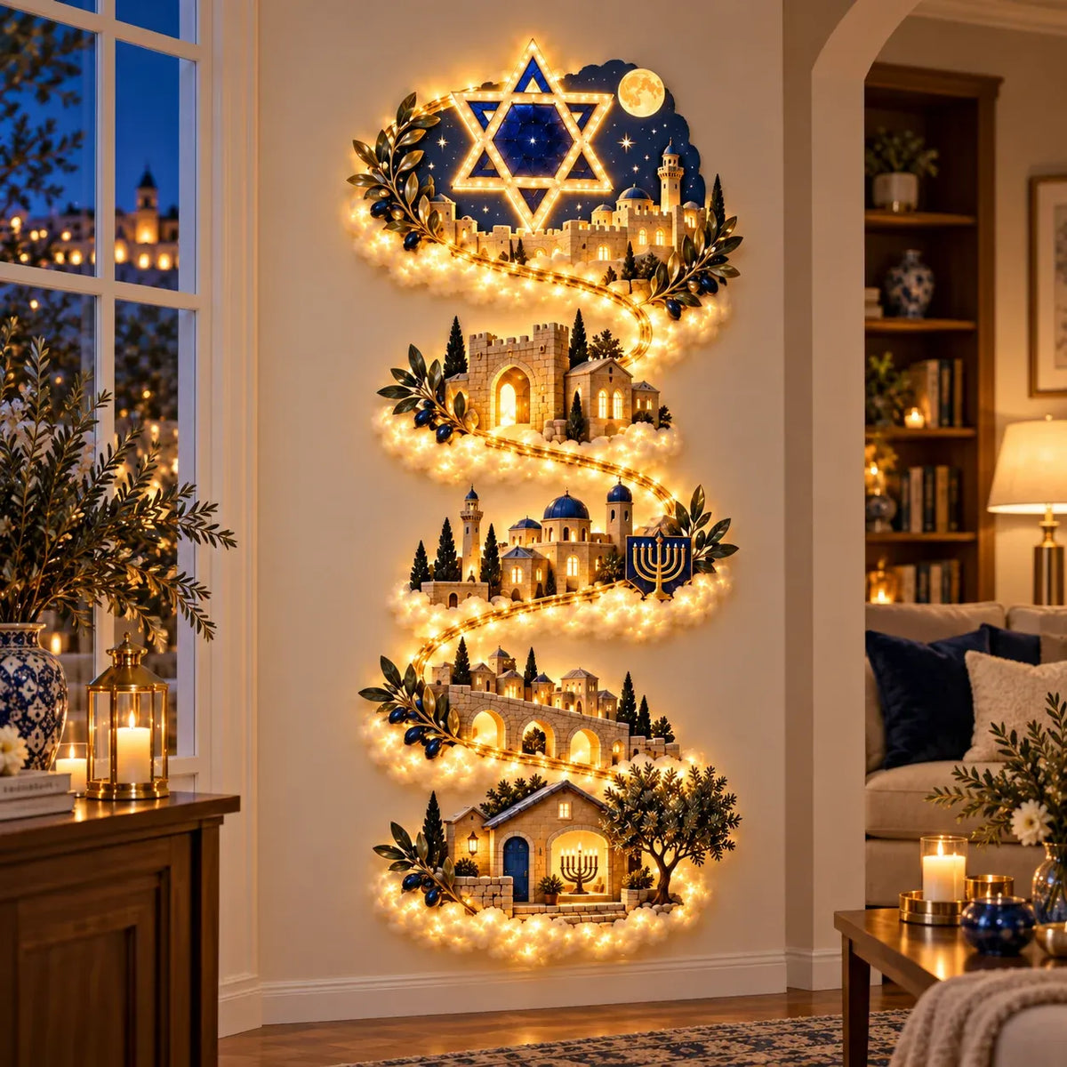 🕎✨ Eight Nights of Golden Light – Glowing Hanukkah Story Wall Collection