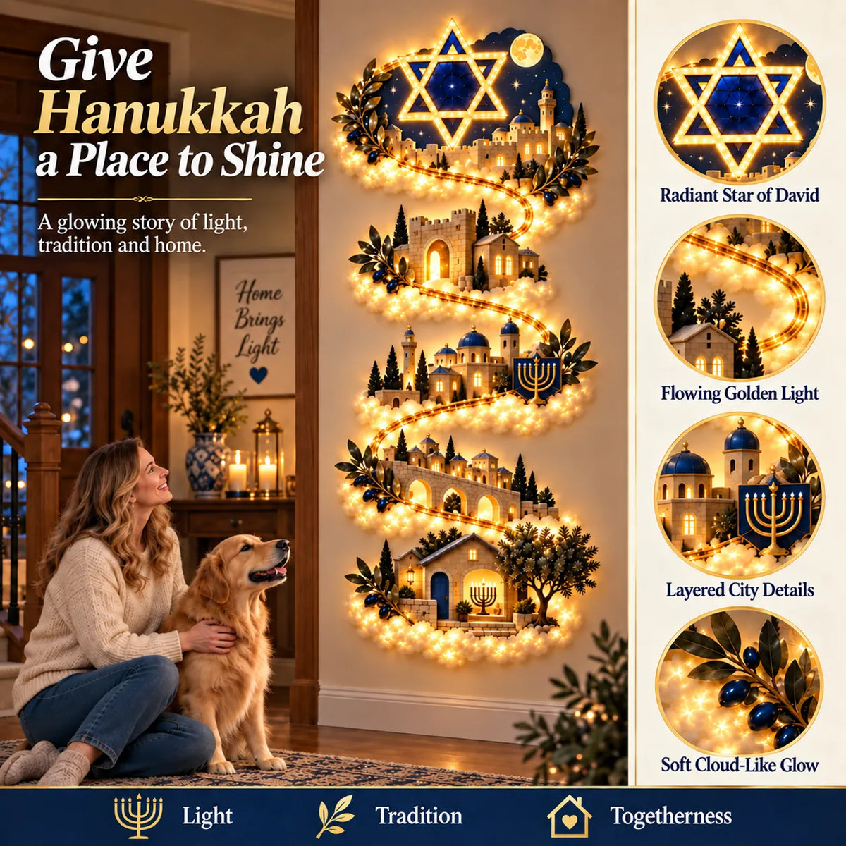 🕎✨ Eight Nights of Golden Light – Glowing Hanukkah Story Wall Collection