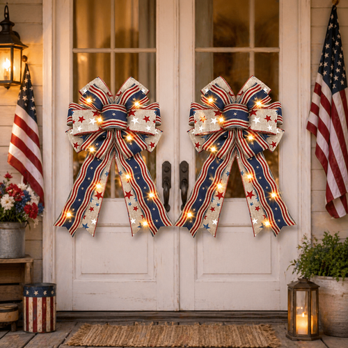 Classic Patriotic Burlap Bow - Rustic American Flag Wreath Decor for Front Doors, Porches & Home Celebration