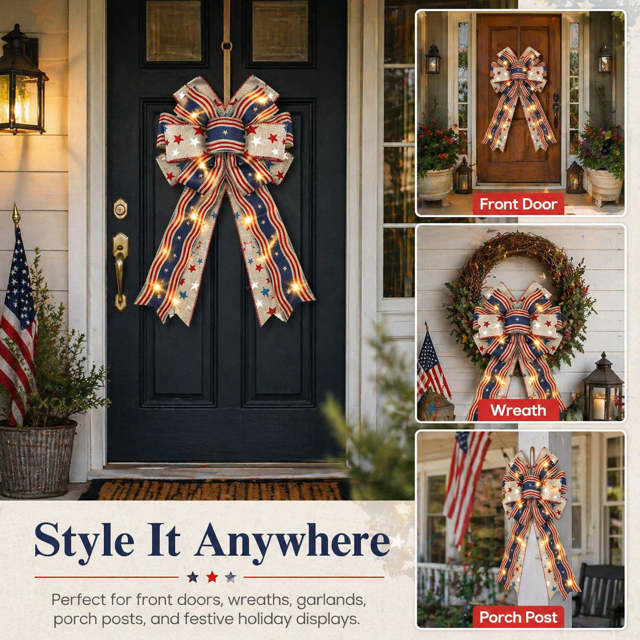 Classic Patriotic Burlap Bow - Rustic American Flag Wreath Decor for Front Doors, Porches & Home Celebration