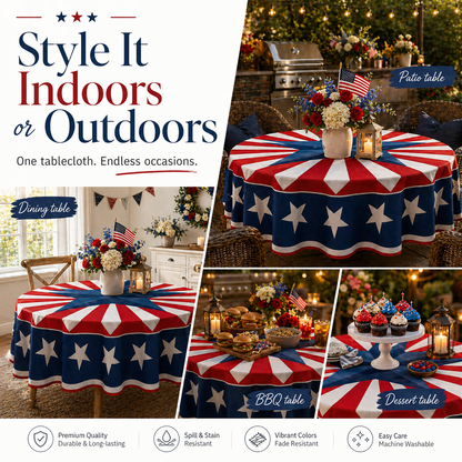 Patriotic Starburst Round Tablecloth 🇺🇸 July 4th Independence Day Decor & Outdoor Picnic Cover ✨