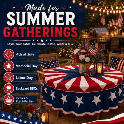 Patriotic Starburst Round Tablecloth 🇺🇸 July 4th Independence Day Decor & Outdoor Picnic Cover ✨