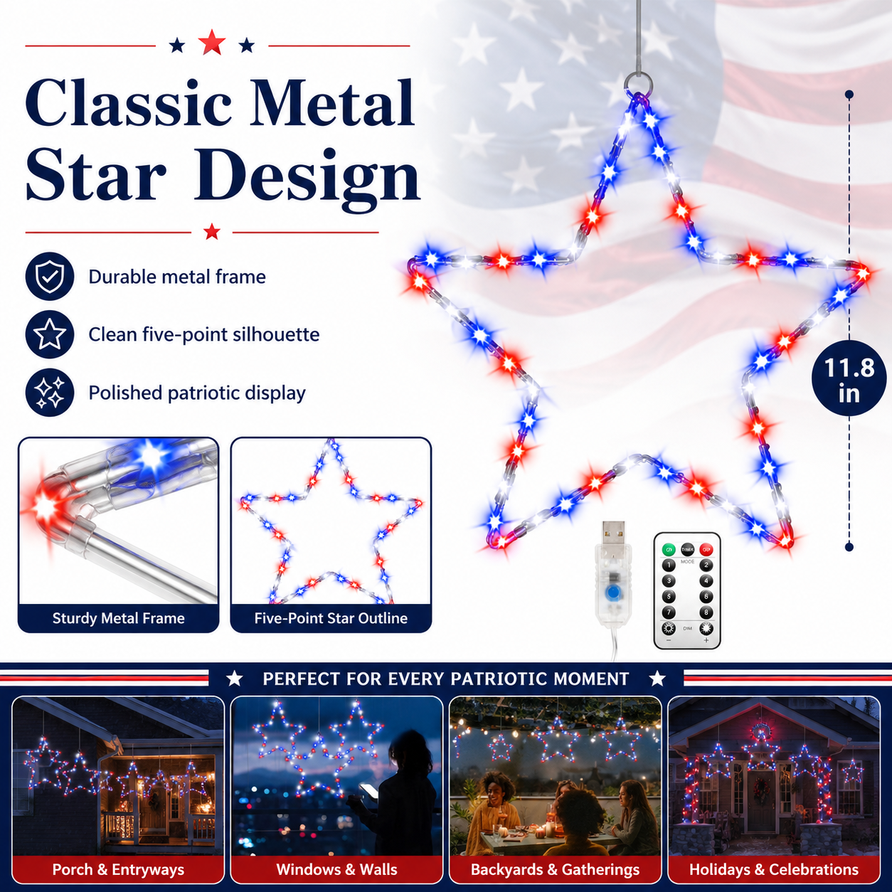 Patriotic Metal Star Hanging Lights with Remote