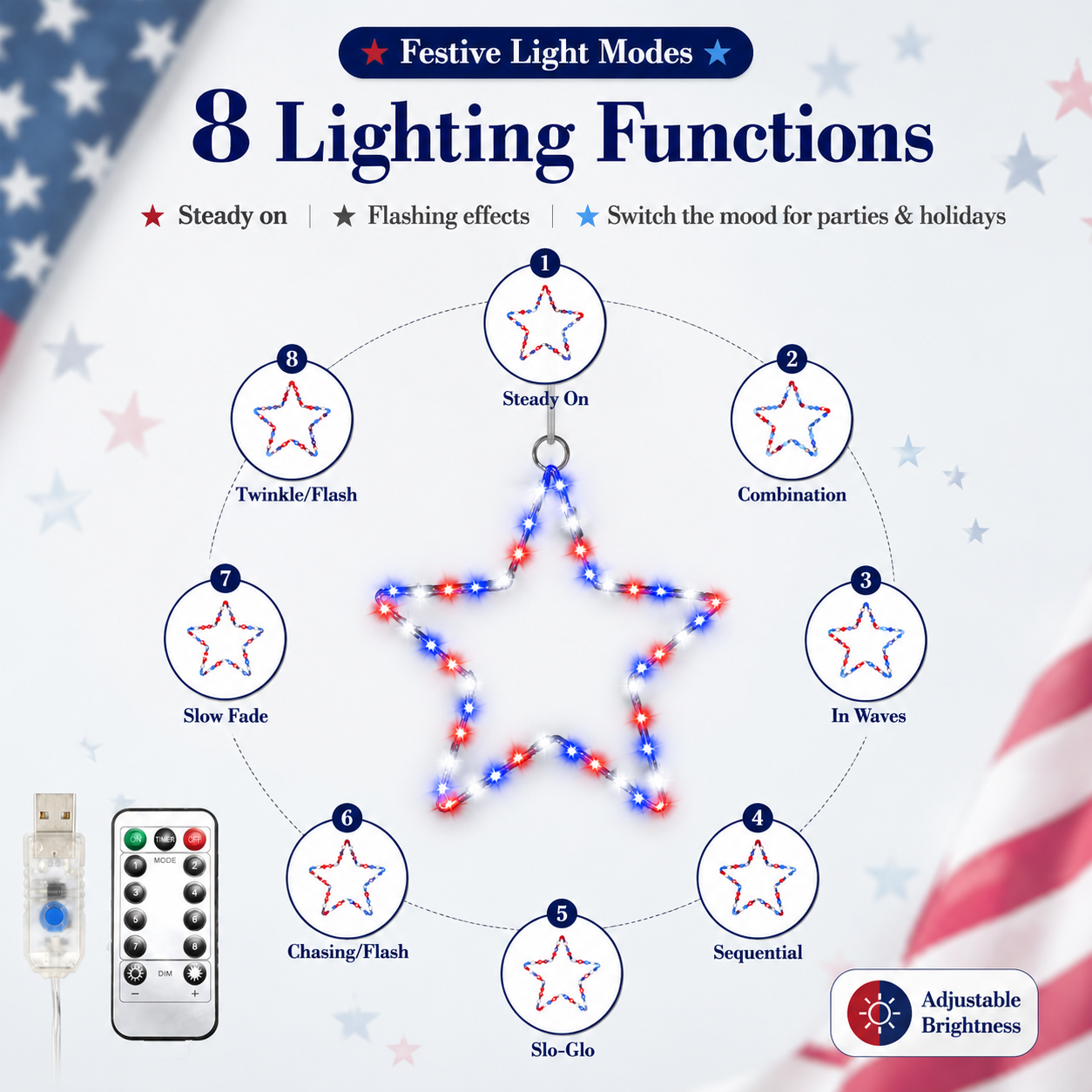 Patriotic Metal Star Hanging Lights with Remote