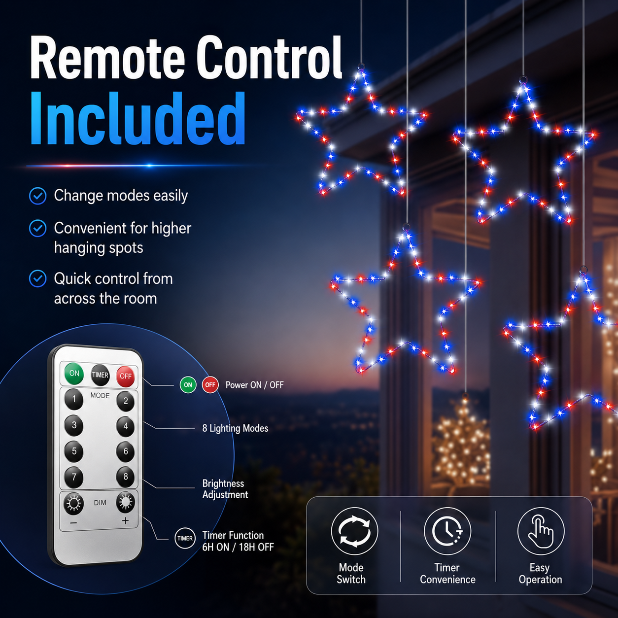 Patriotic Metal Star Hanging Lights with Remote