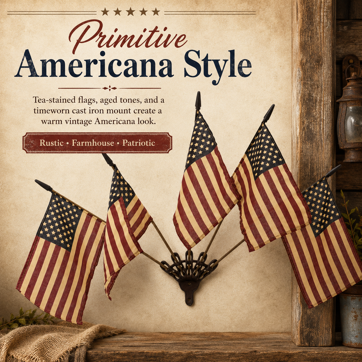 Five Tea-Stained Flags In A Rustic Cast Iron Wall Display – Torzly