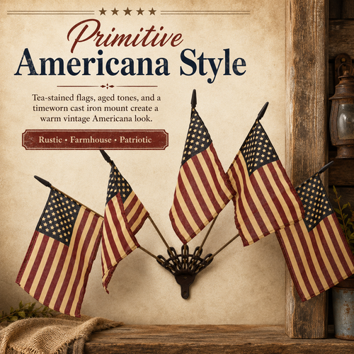 🦅⭐Vintage Tea-Stained 5-Flag Fan Cast Iron Wall Decor | 🔥Classic Americana Rustic Patriotic Wall Hanging 🇺🇸