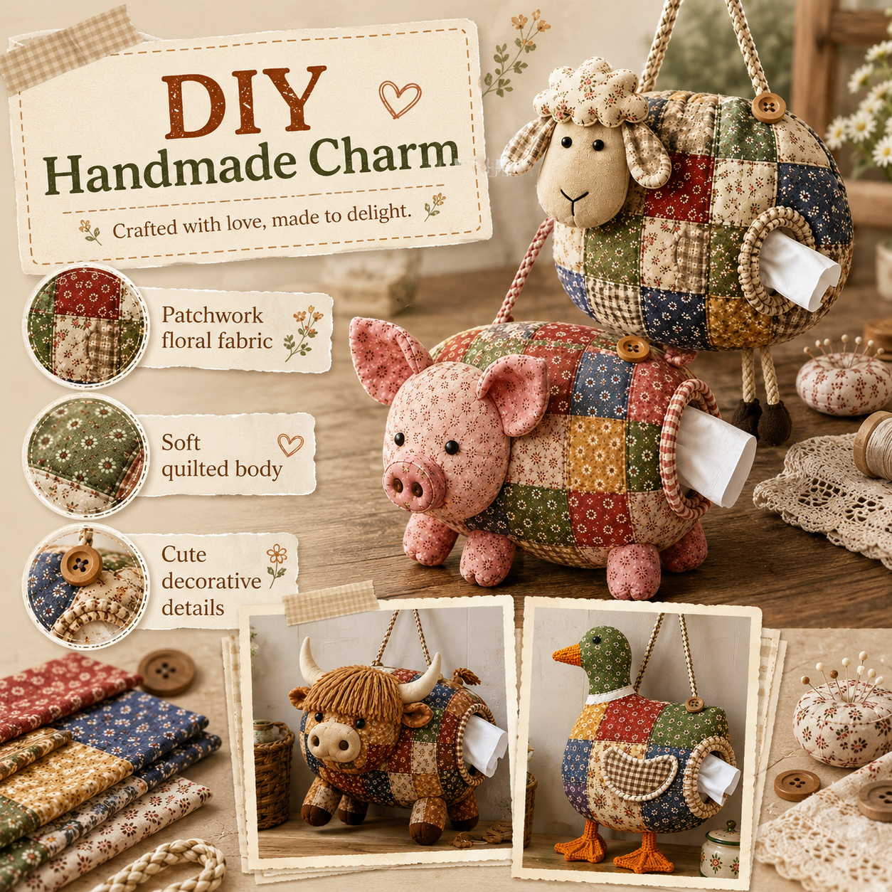 🧵🐮 DIY Patchwork Farm Animal Tissue Holder