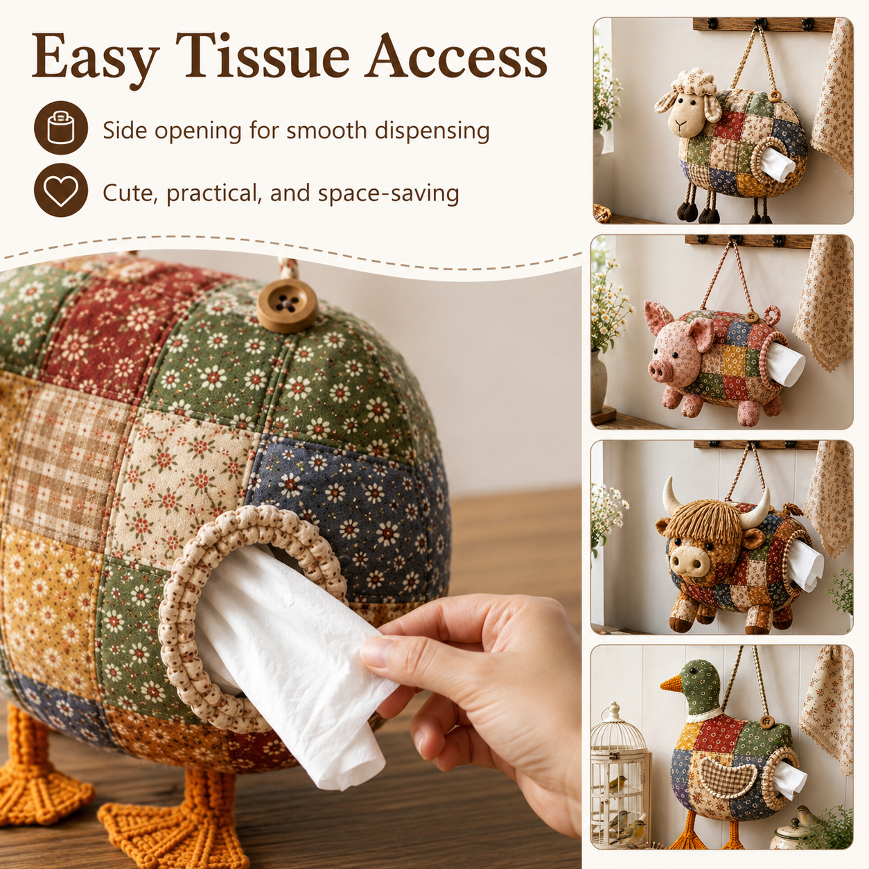 🧵🐮 DIY Patchwork Farm Animal Tissue Holder