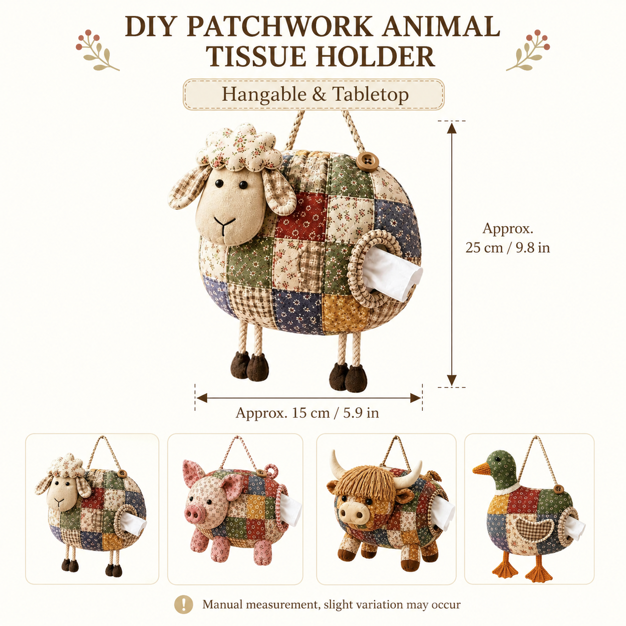 🧵🐮 DIY Patchwork Farm Animal Tissue Holder