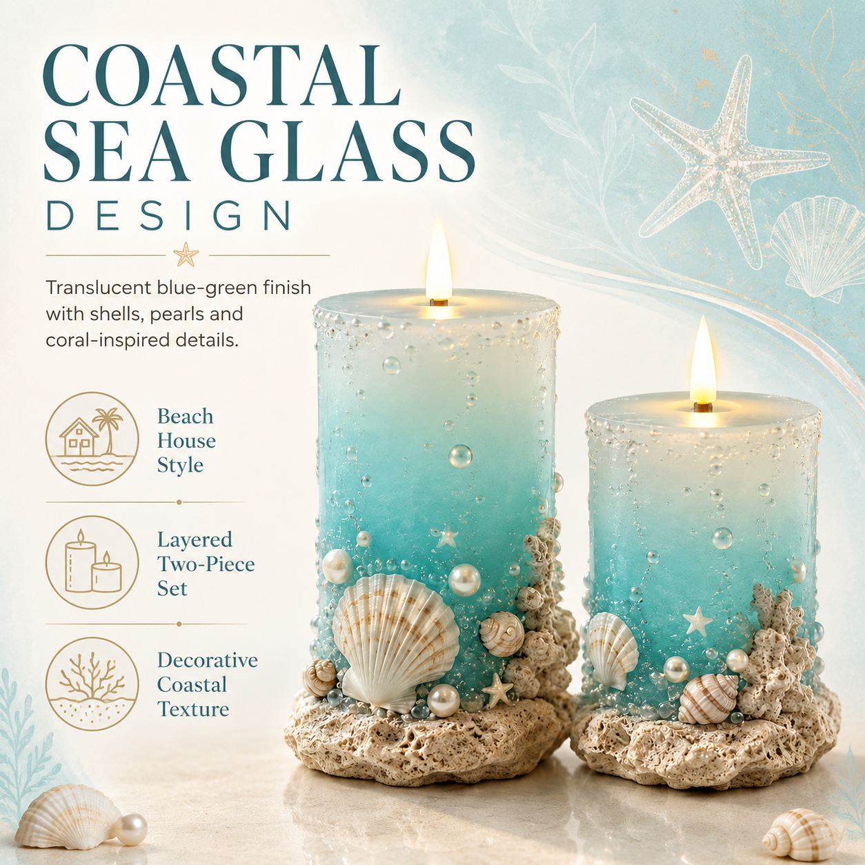 🌊✨Coastal Sea Glass Flameless Candle Set