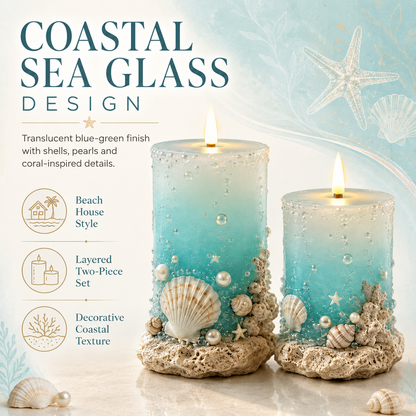 🌊✨Coastal Sea Glass Flameless Candle Set