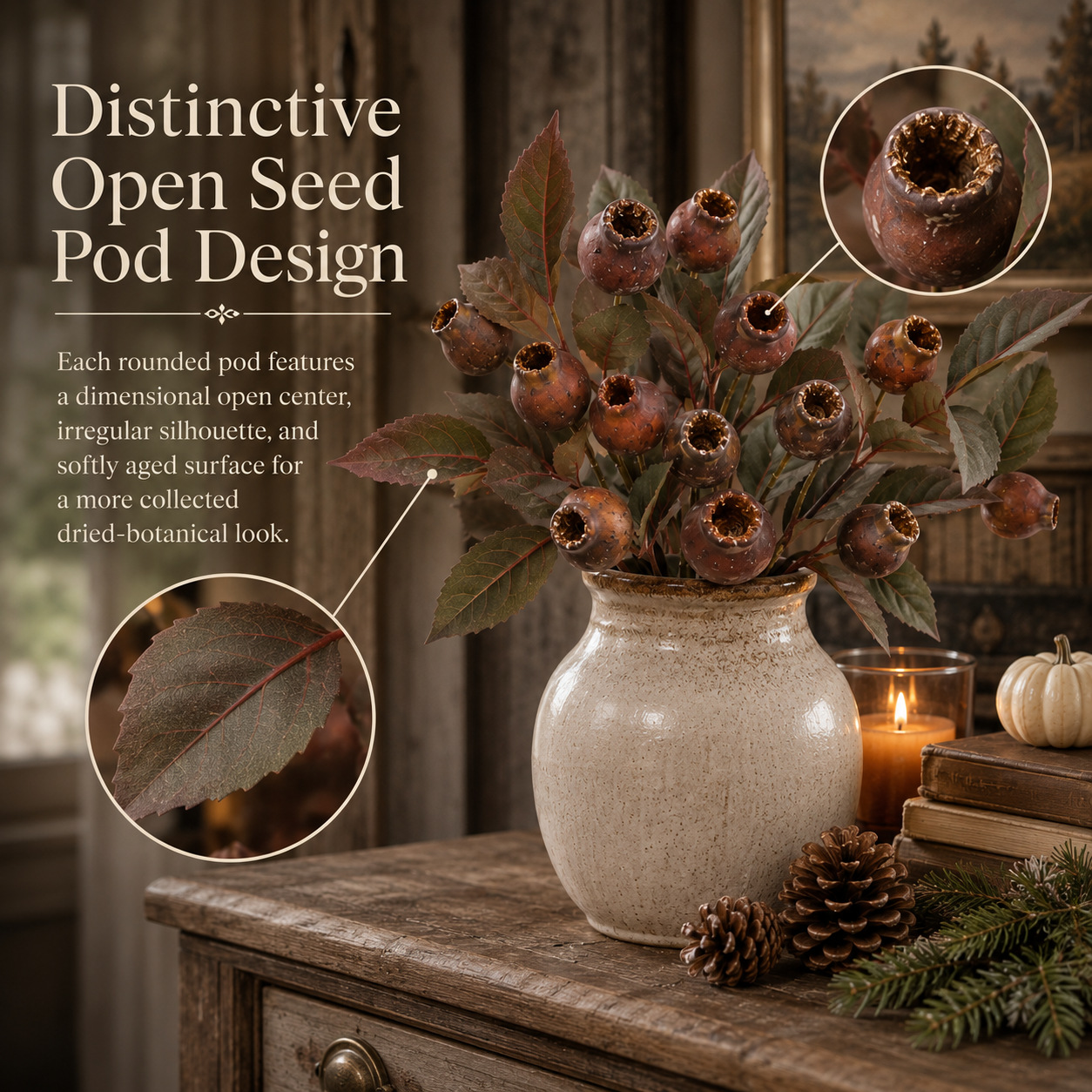 Vintage Faux Seed Pod Bundle – 3 Decorative Stems, 15 Pods