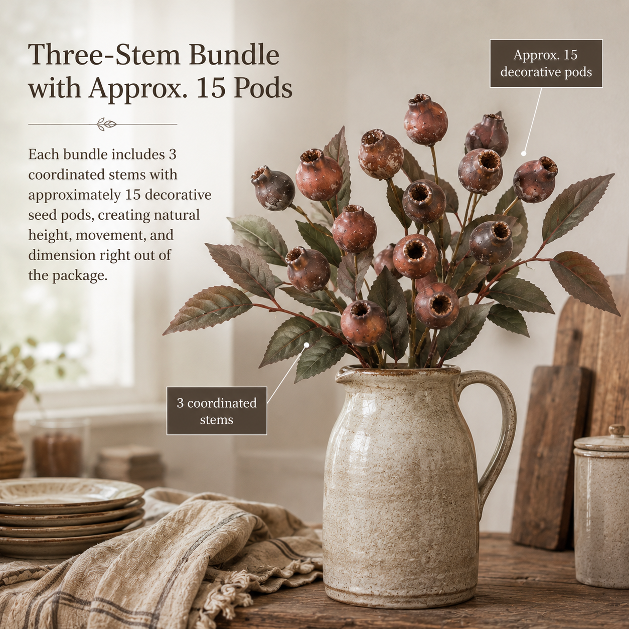Vintage Faux Seed Pod Bundle – 3 Decorative Stems, 15 Pods