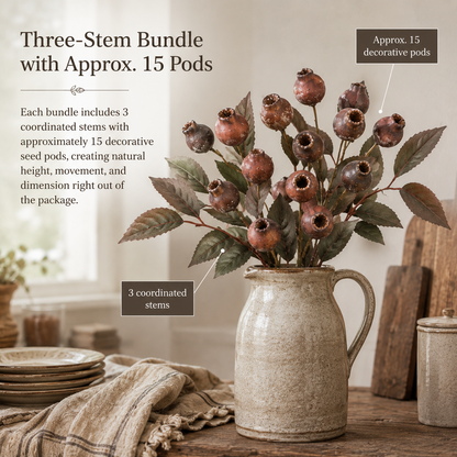 Vintage Faux Seed Pod Bundle – 3 Decorative Stems, 15 Pods