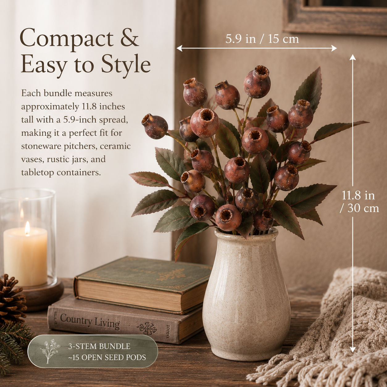 Vintage Faux Seed Pod Bundle – 3 Decorative Stems, 15 Pods