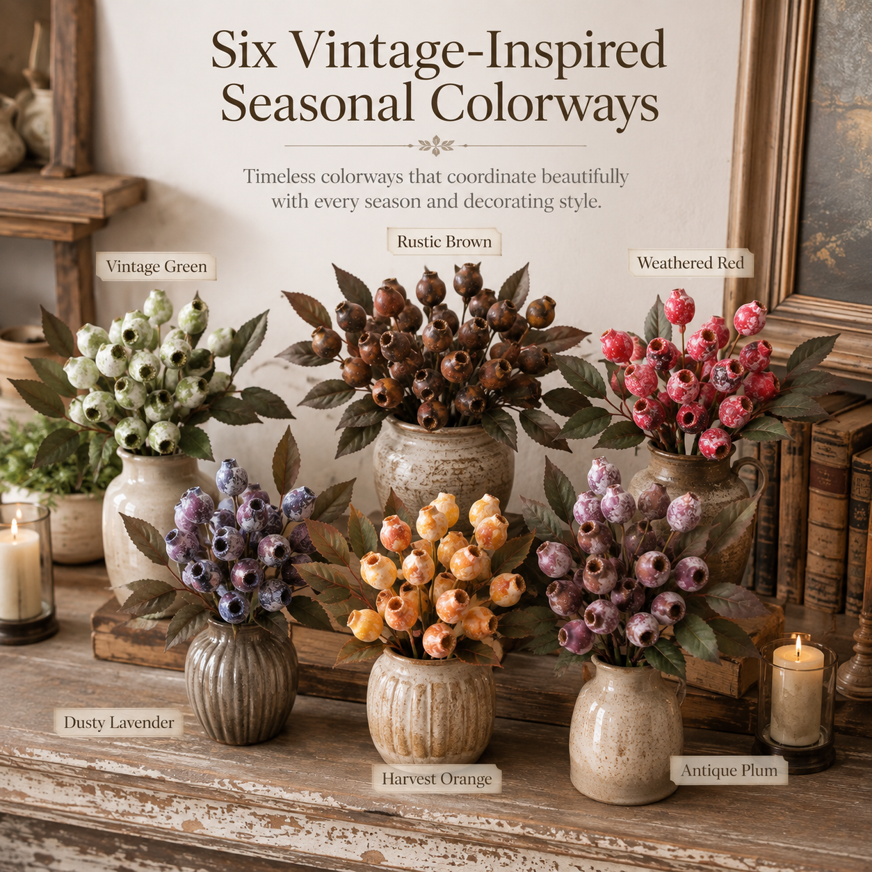 Vintage Faux Seed Pod Bundle – 3 Decorative Stems, 15 Pods