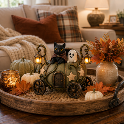 🎃👻 Lighted Whimsical Pumpkin Carriage with Cat & Ghost