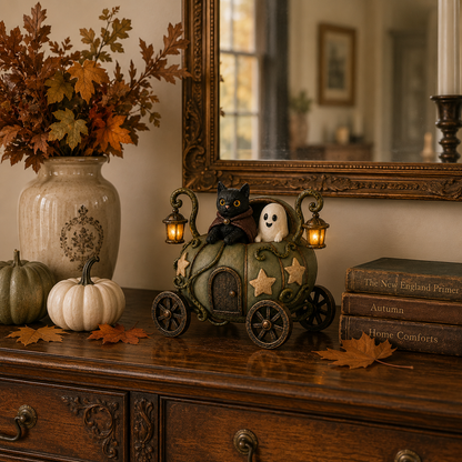 🎃👻 Lighted Whimsical Pumpkin Carriage with Cat & Ghost