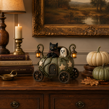 🎃👻 Lighted Whimsical Pumpkin Carriage with Cat & Ghost