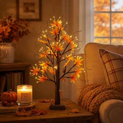 🐿️🍂 Lighted Maple Tree with Woodland Squirrels – Fall & Thanksgiving Home Decor