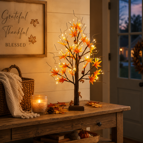 🐿️🍂 Lighted Maple Tree with Woodland Squirrels – Fall & Thanksgiving Home Decor
