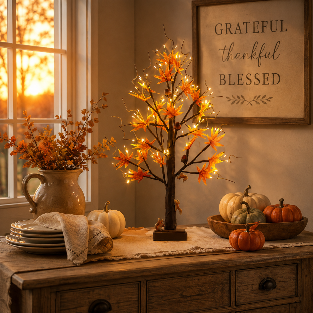 🐿️🍂 Lighted Maple Tree with Woodland Squirrels – Fall & Thanksgiving Home Decor