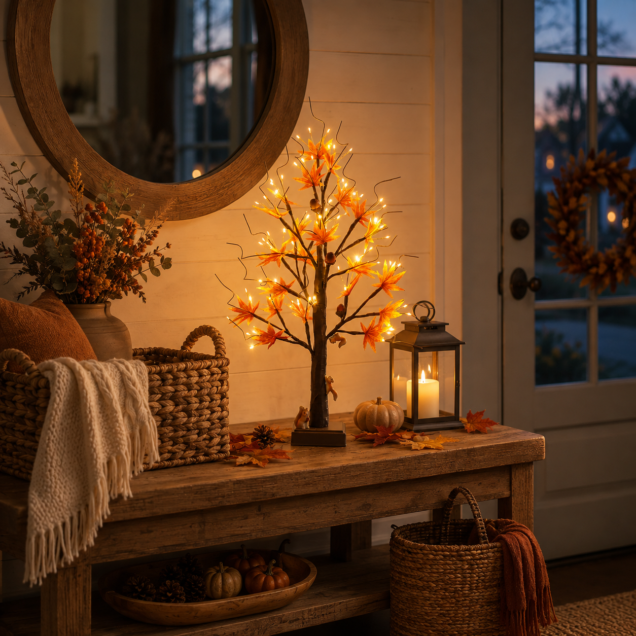 🐿️🍂 Lighted Maple Tree with Woodland Squirrels – Fall & Thanksgiving Home Decor