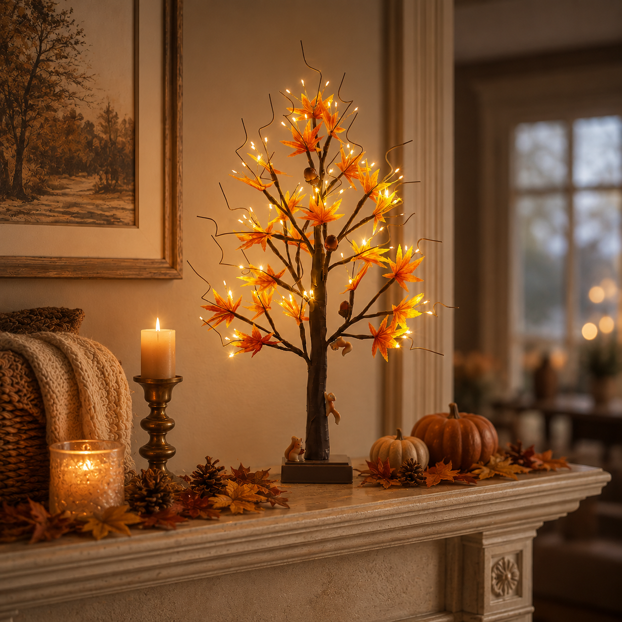 🐿️🍂 Lighted Maple Tree with Woodland Squirrels – Fall & Thanksgiving Home Decor